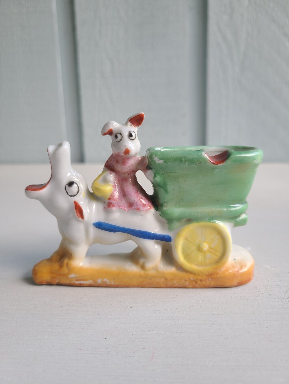 Vintage Occupied Japan Personal Ashtray Cow Pulling Cart Rabbit